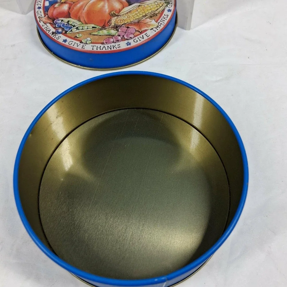 Give Thanks Harvest Coaster Set of‎ 6 with Storage Tin Blue Autumn Fall OMI